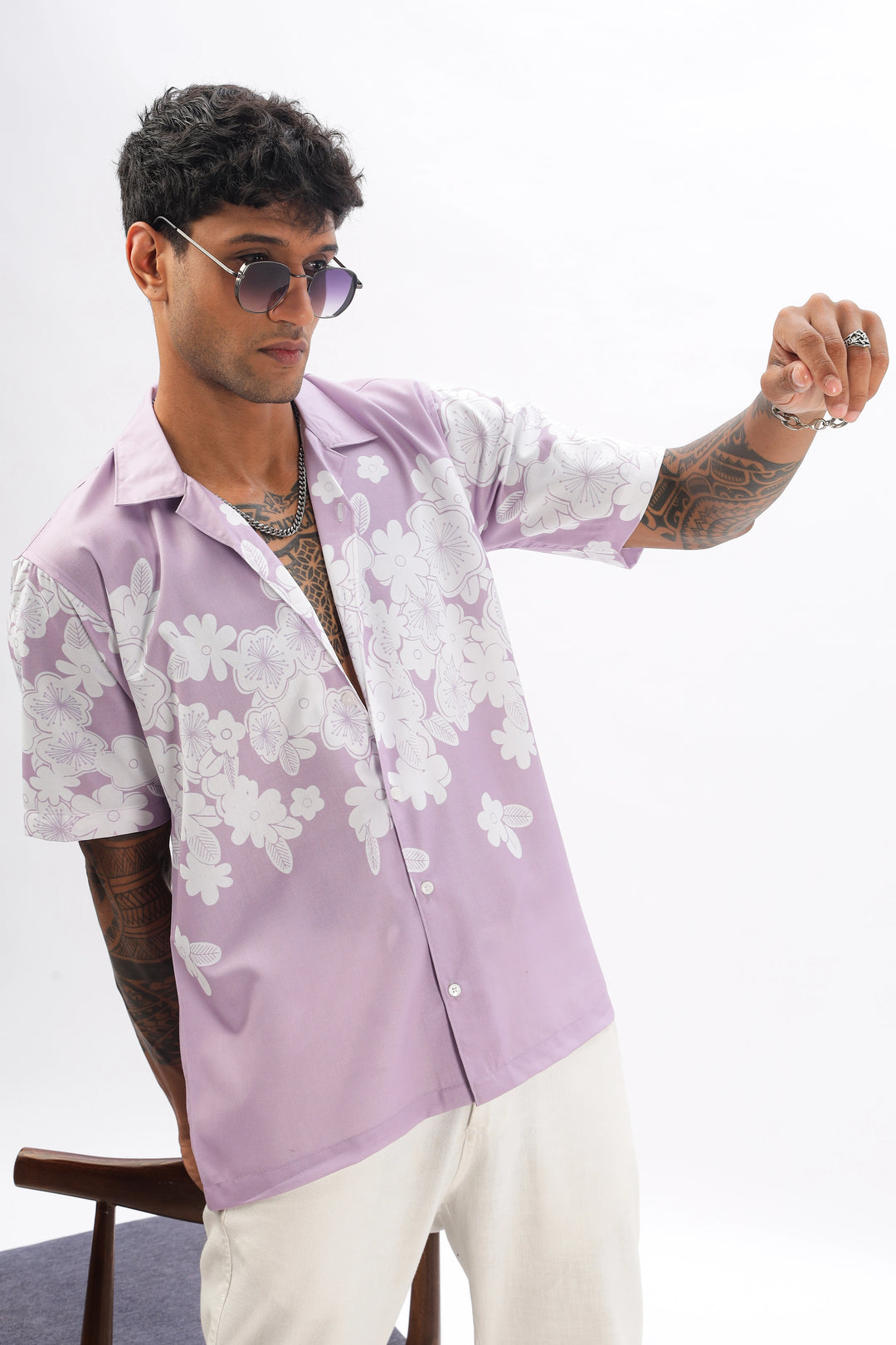 Lavender flower printed camp collar  shirt