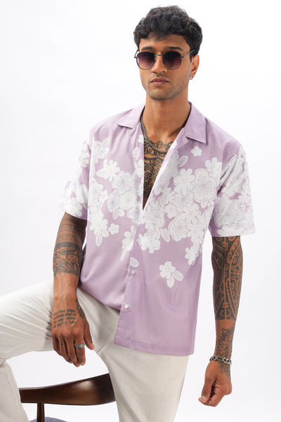 Lavender flower printed camp collar shirt