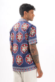 Navy border printed camp collar shirt for men