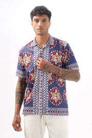 Navy border printed camp collar shirt for men