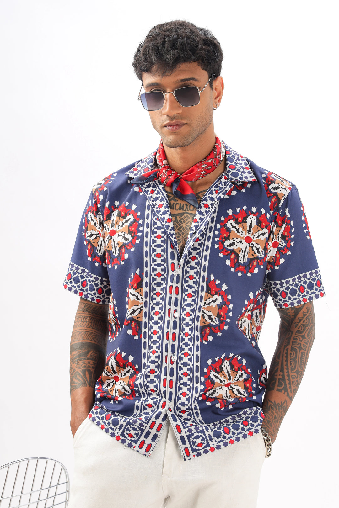 Navy border printed camp collar shirt for men