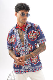 Navy border printed camp collar shirt for men