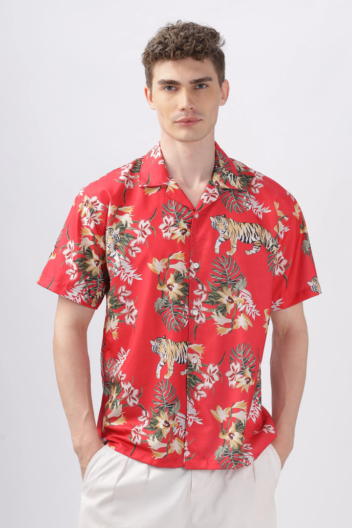 Flower print red half sleeve shirt for men