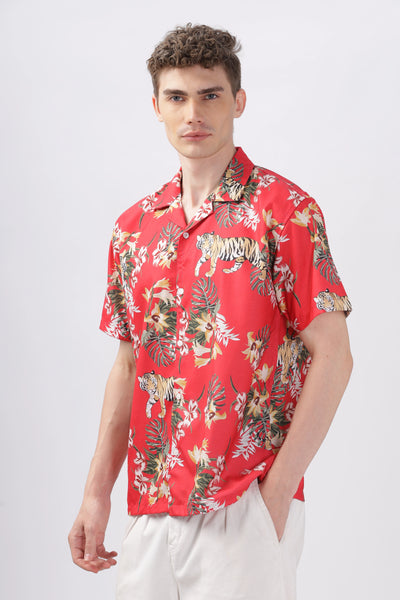 Flower print red half sleeve shirt for men