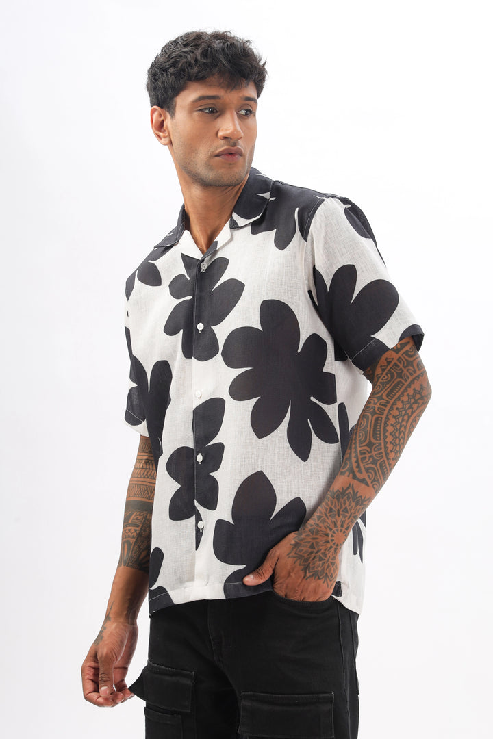 Cream floral printed linen shirt