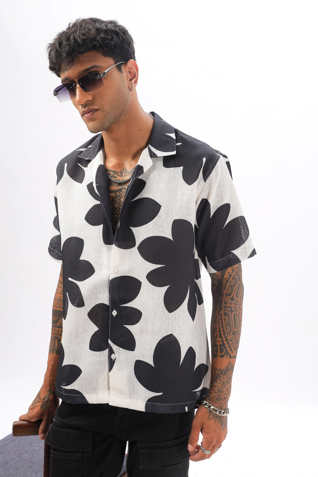 Cream floral printed linen shirt