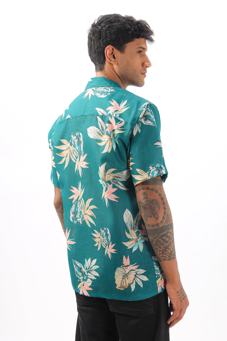 Green tropical printed linen shirt