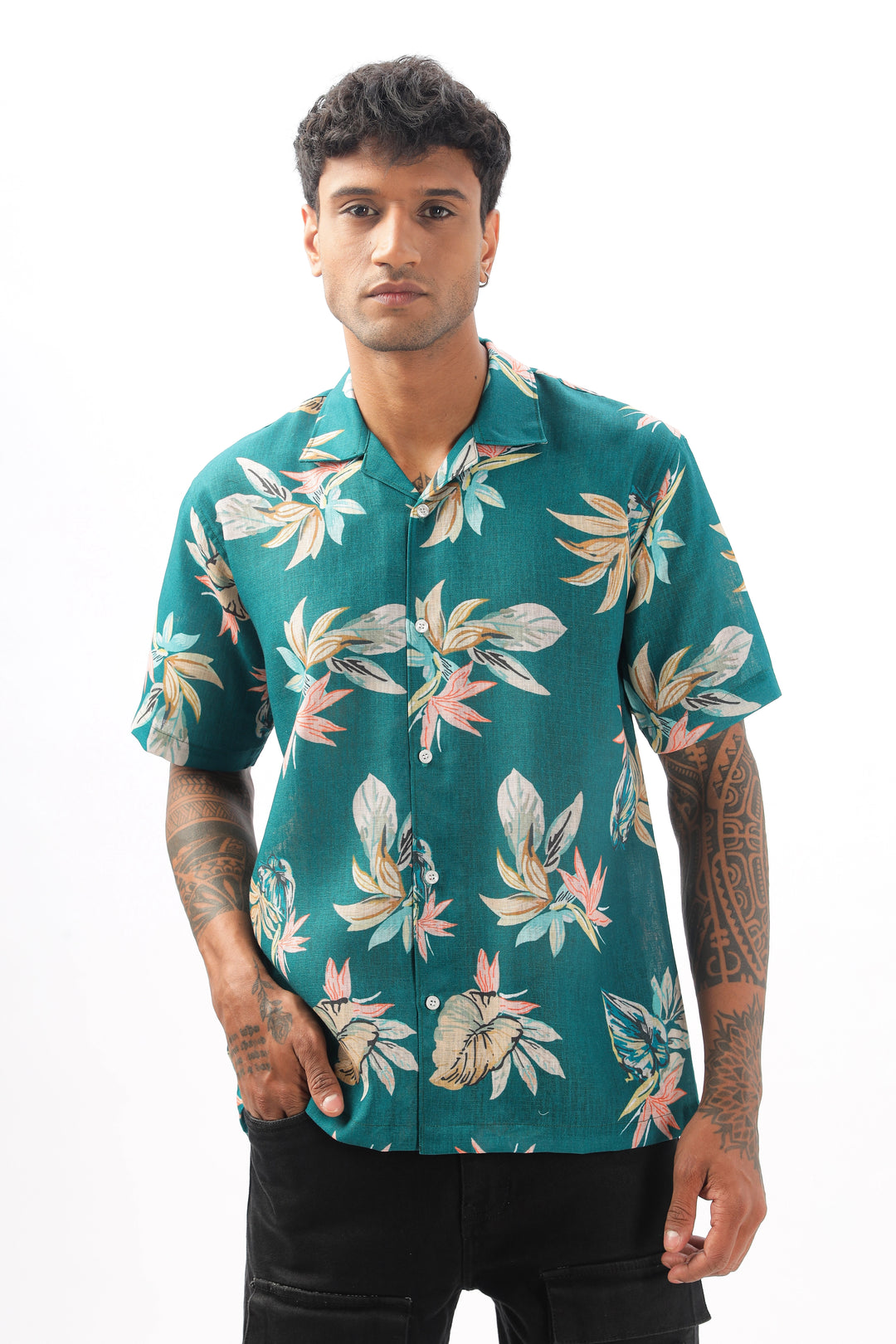 Green printed linen shirt