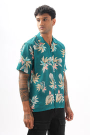 Green tropical printed linen shirt