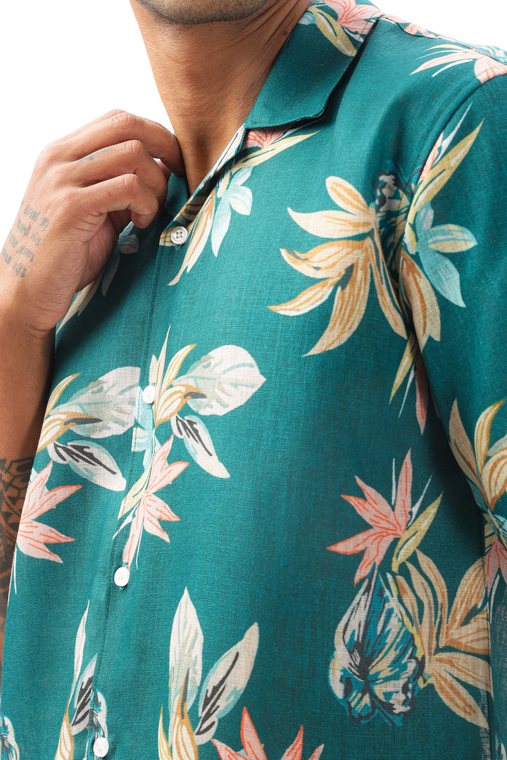 Green tropical printed linen shirt