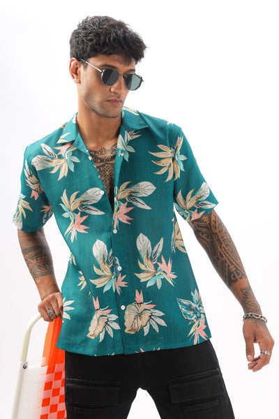 Green tropical printed linen shirt