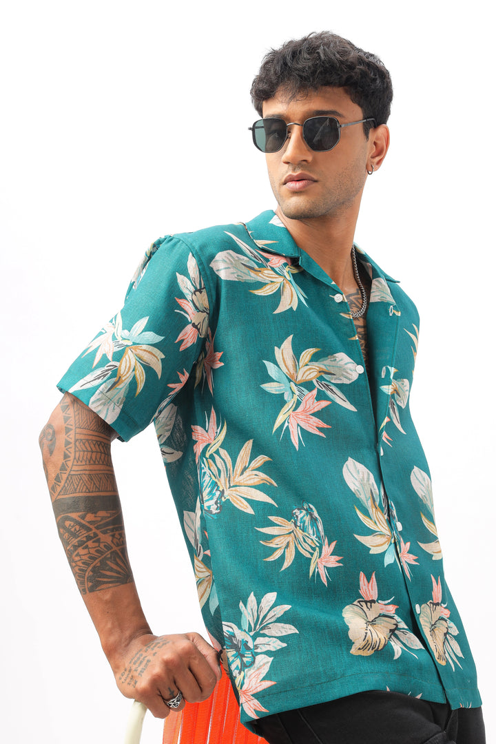 Green tropical printed linen shirt