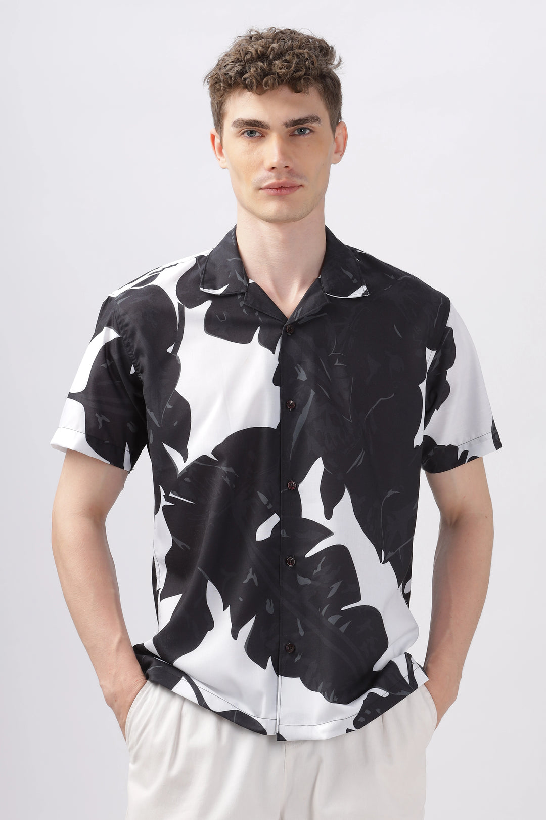 Black leaf printed camp collar shirt for men