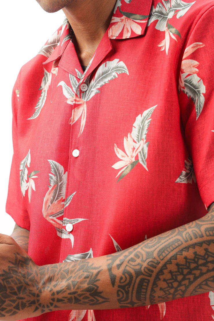 Red floral printed linen shirt