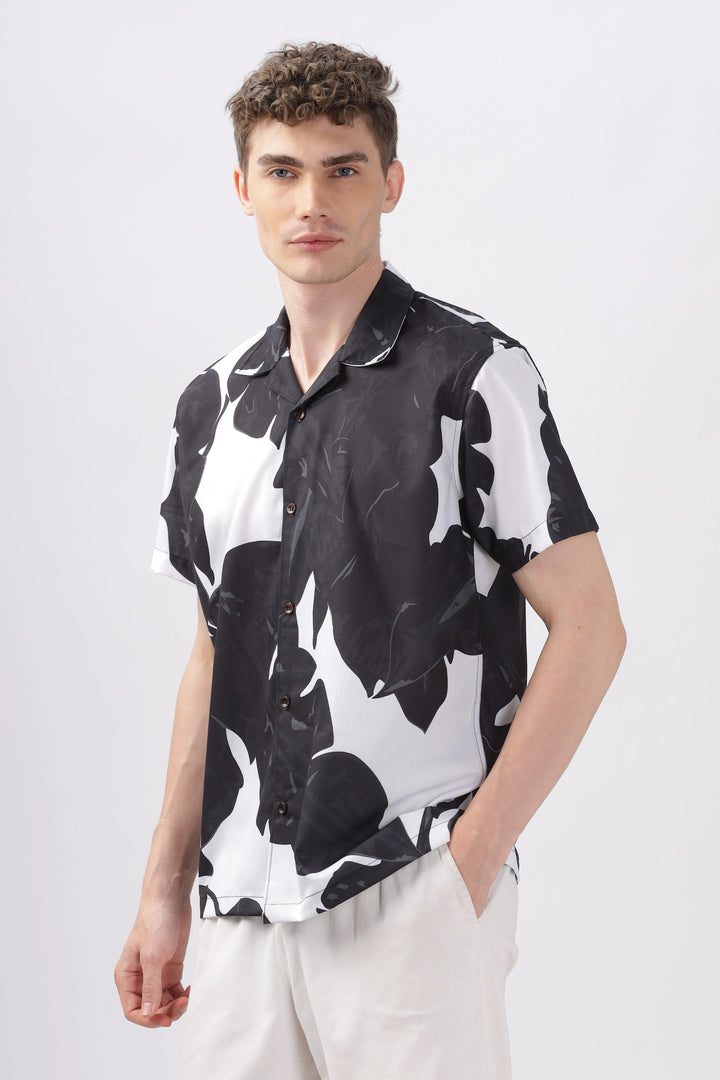 Black leaf printed camp collar shirt for men