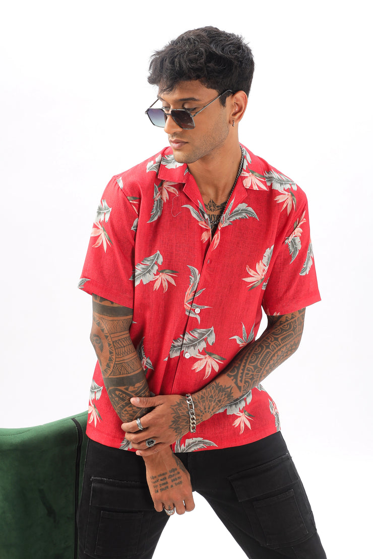 Red floral printed linen shirt