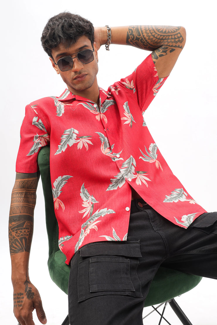 Red floral printed linen shirt