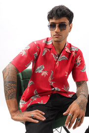 Red floral printed linen shirt