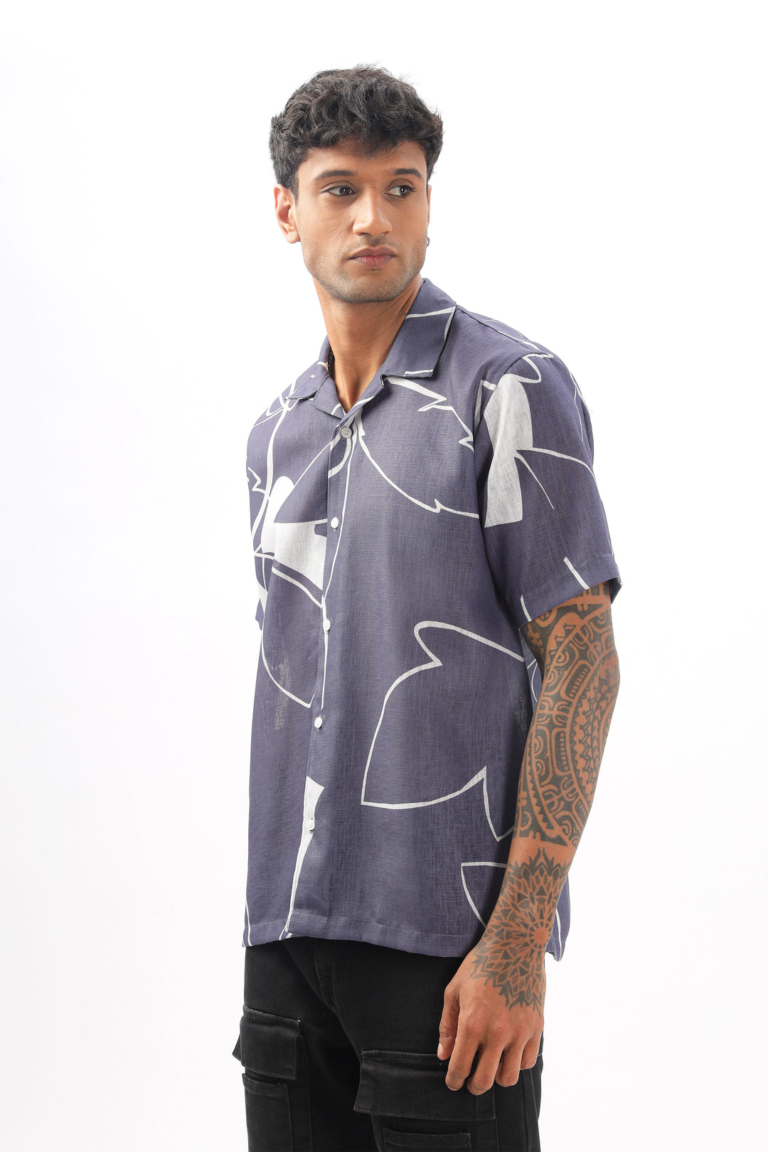 Navy floral printed linen shirt