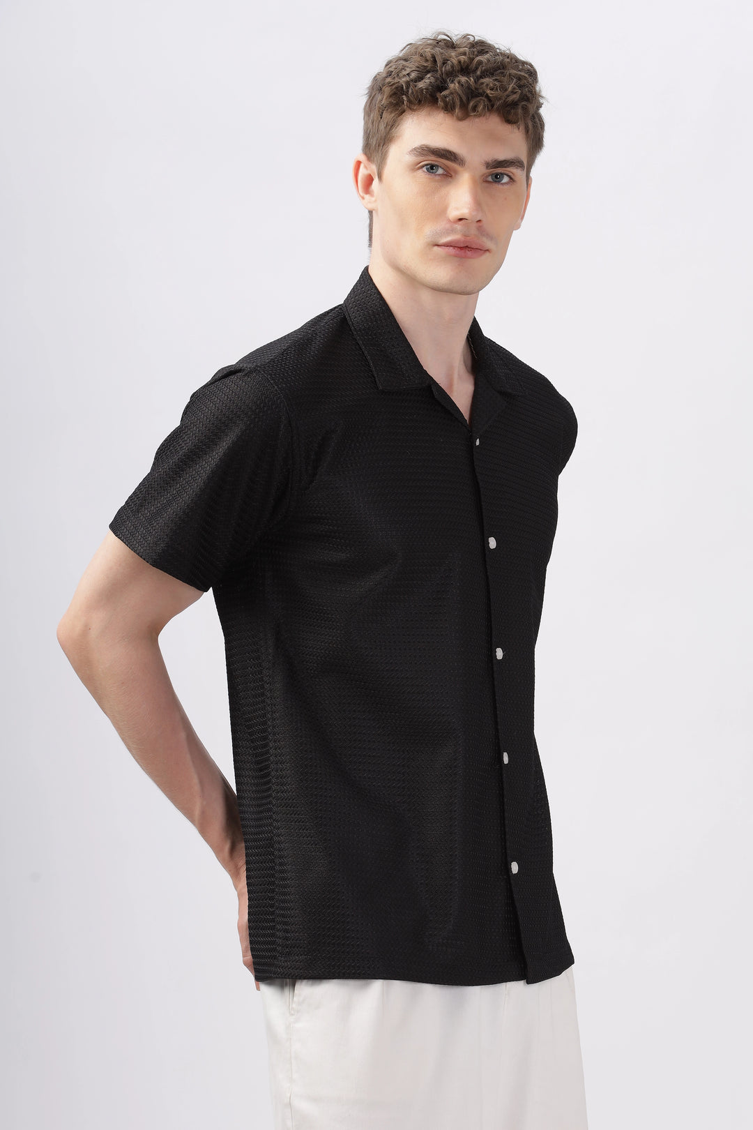 Black textured turkish weave half sleeve shirt