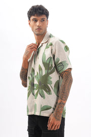 Cream flowing tropical printed  linen shirt