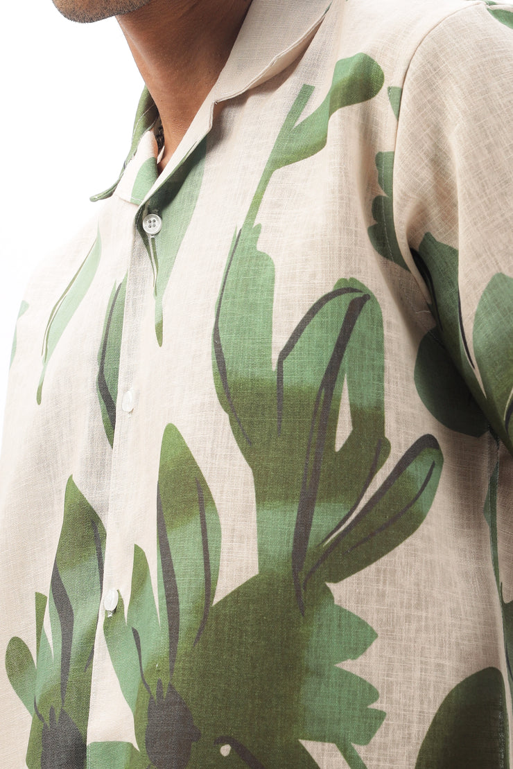 Cream flowing tropical printed  linen shirt