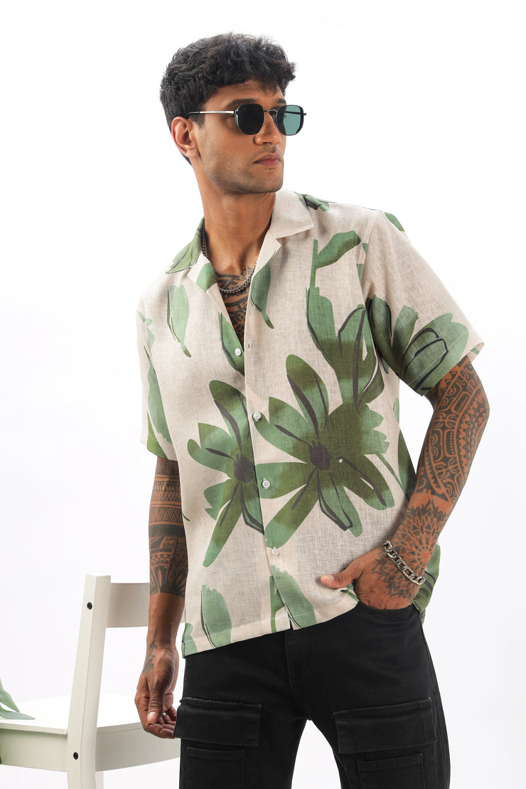 Cream flowing tropical printed linen shirt