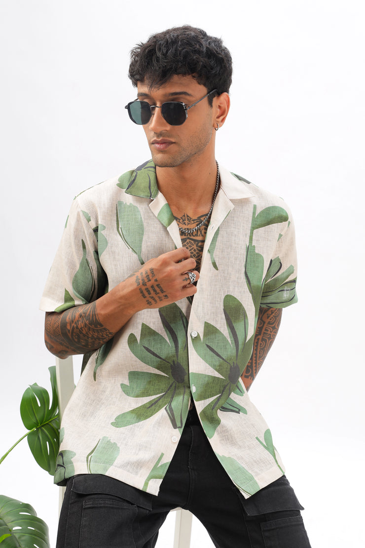 Cream flowing tropical printed  linen shirt