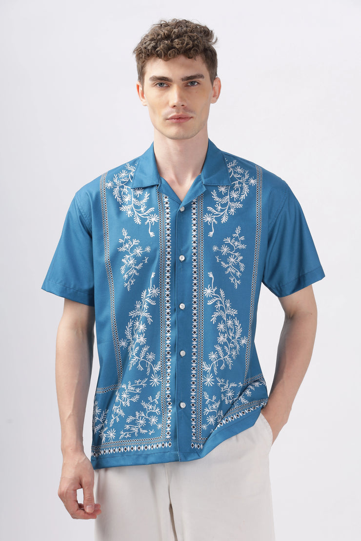 Blue border printed camp collar shirt for men