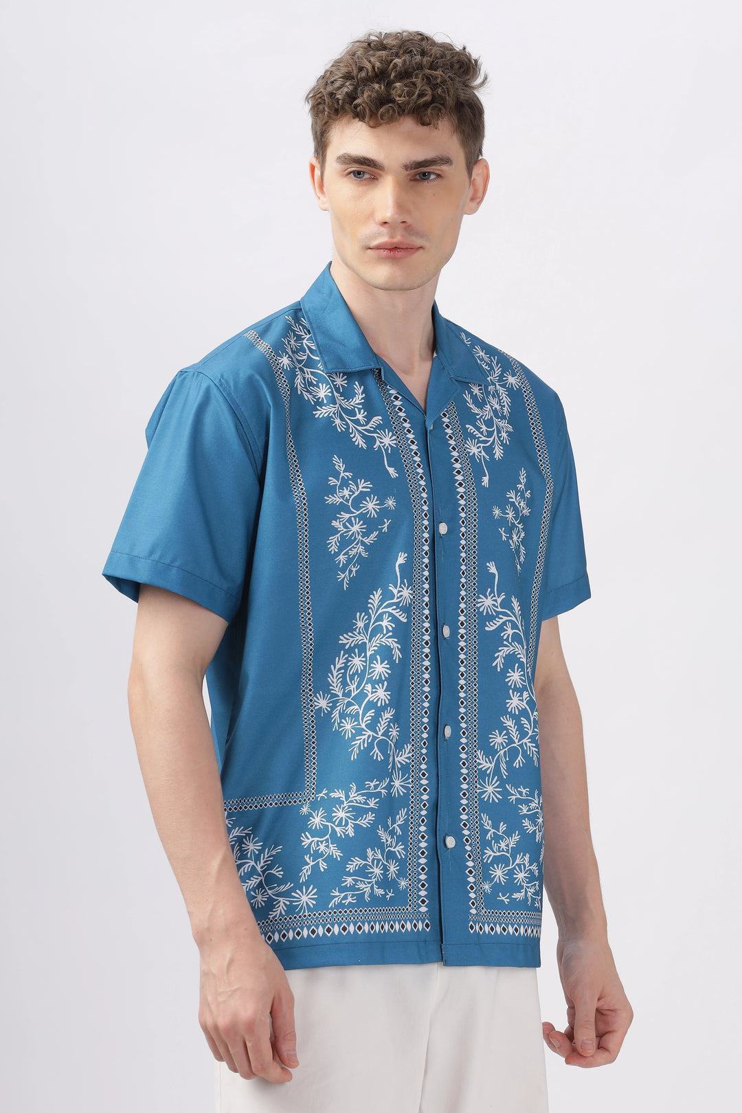 Blue border printed camp collar shirt for men