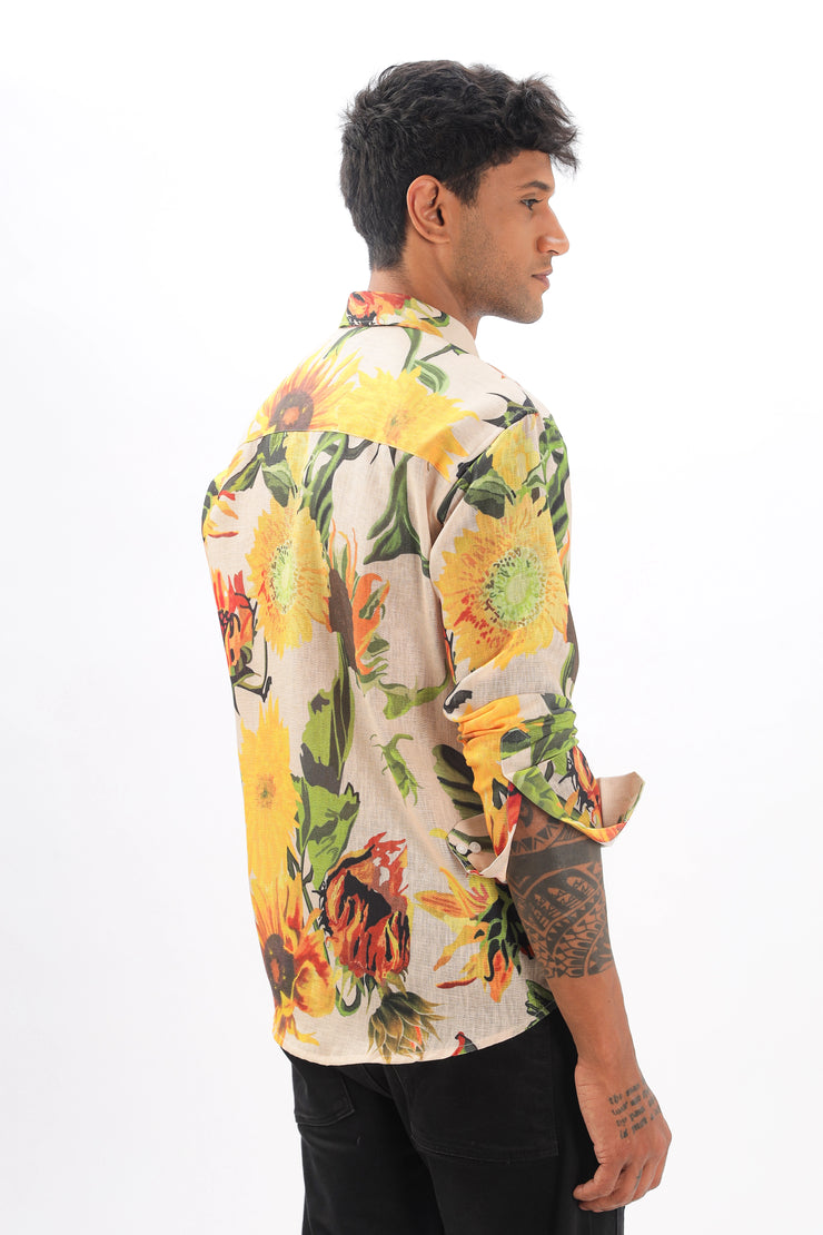 Cream floral printed full sleeve linen shirt