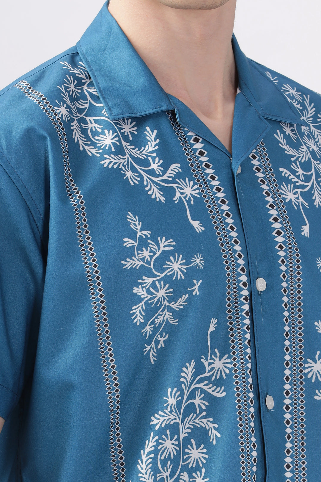 Blue border printed camp collar shirt for men