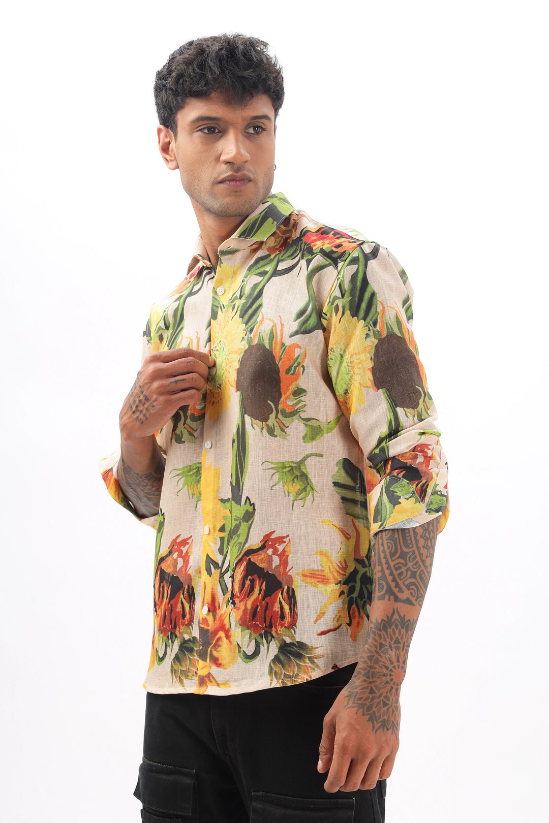 Cream floral printed full sleeve linen shirt