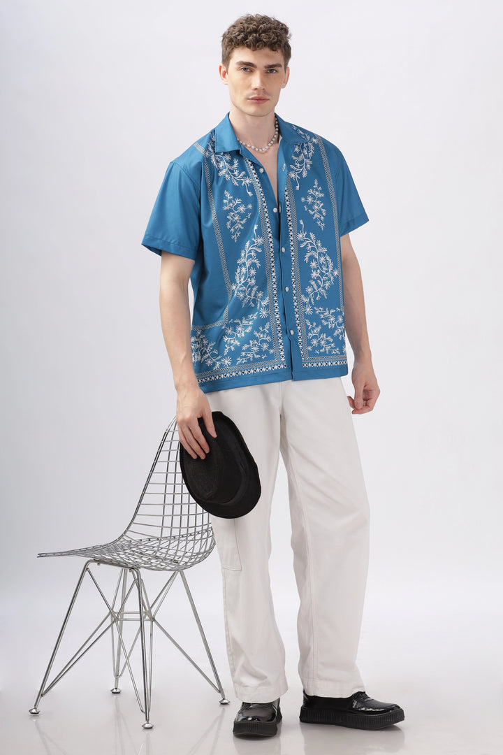 Blue border printed camp collar shirt for men