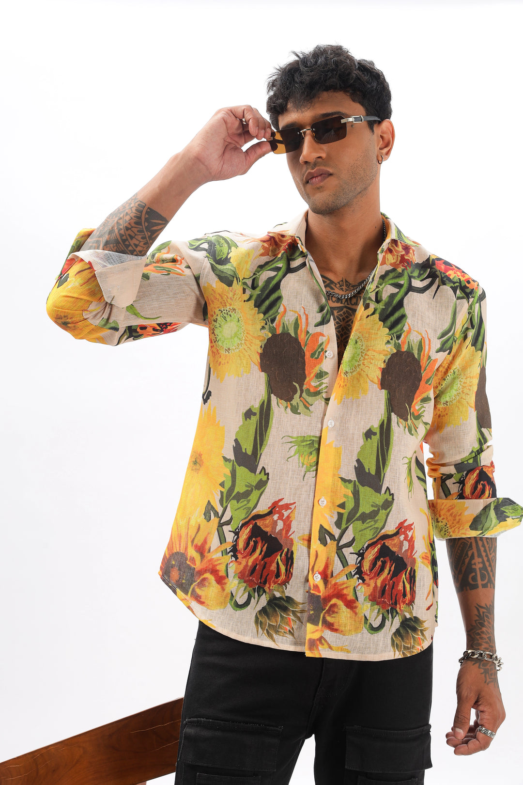 Cream floral printed full sleeve linen shirt - Main Image