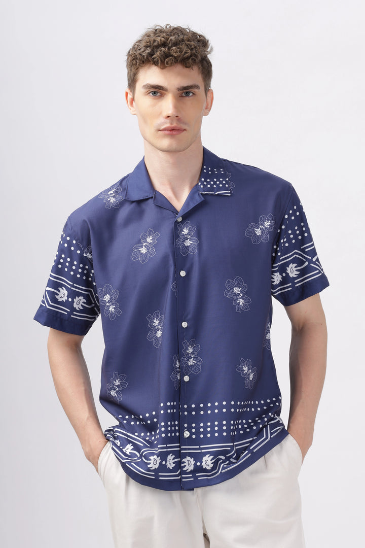 Navy flower printed half sleeve shirt