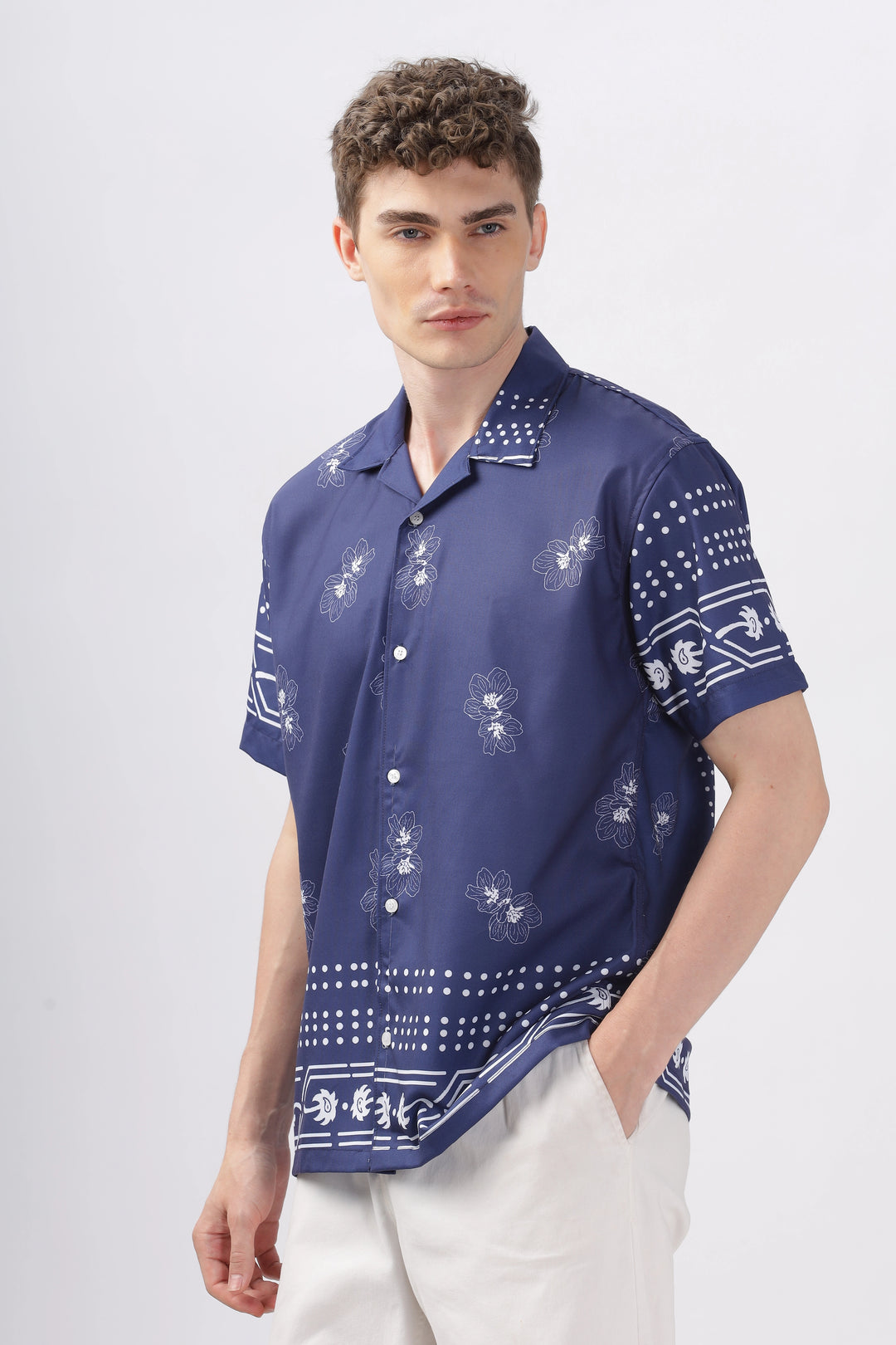 Navy flower printed half sleeve shirt