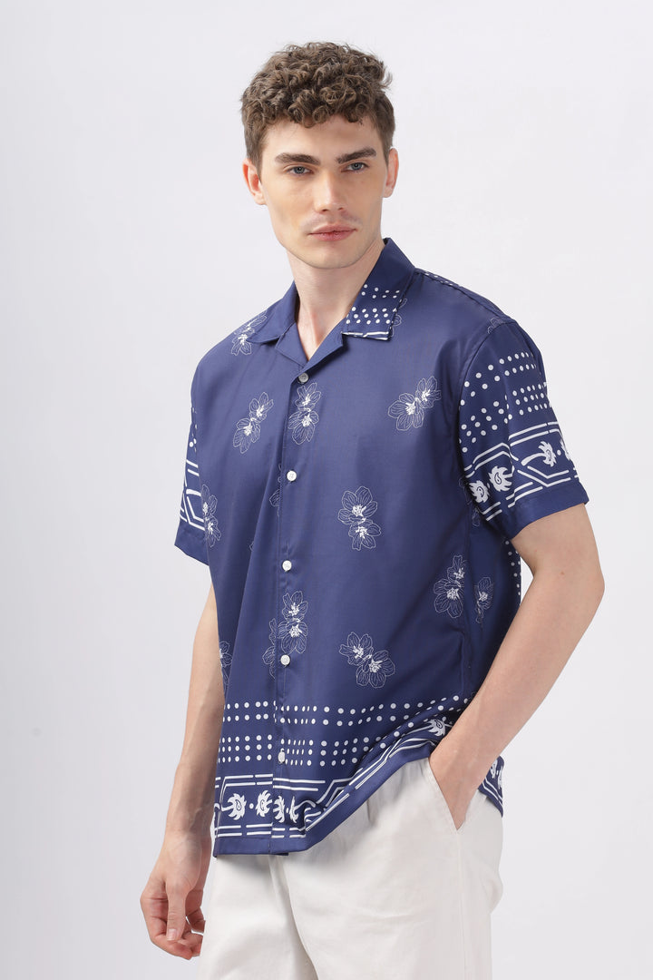 Navy flower printed half sleeve shirt