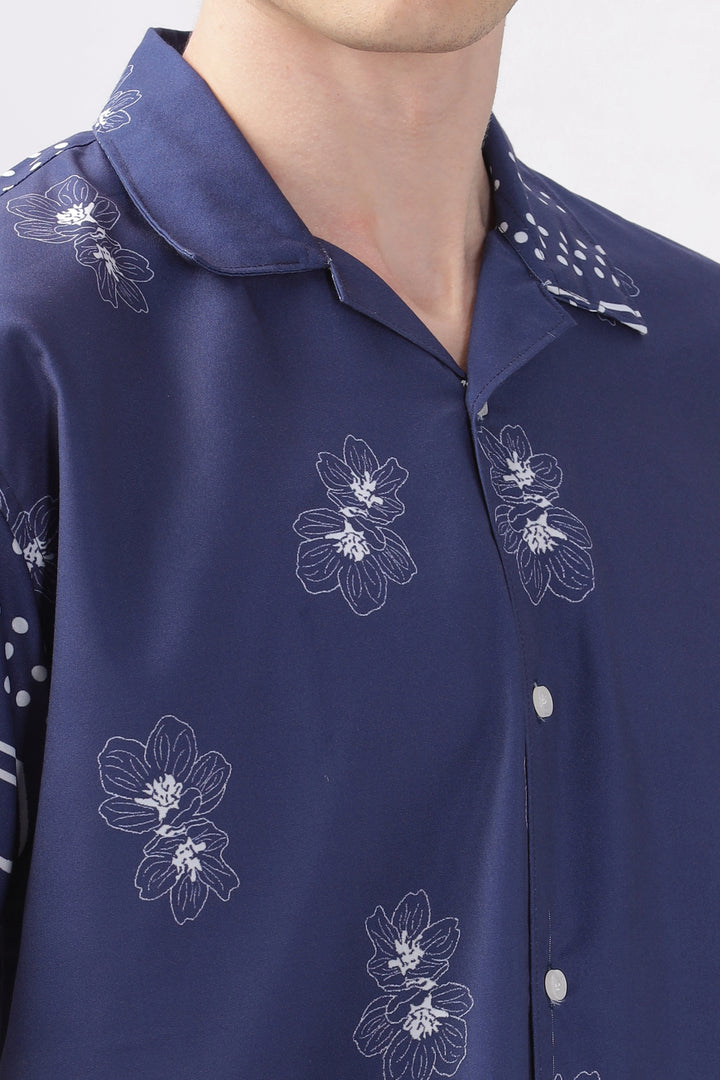 Navy flower printed half sleeve shirt