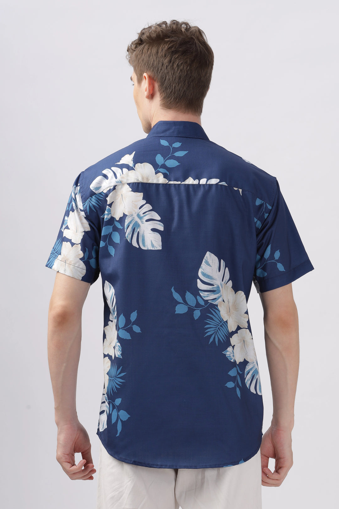 Blue with white leaves half sleeve printed shirt for men