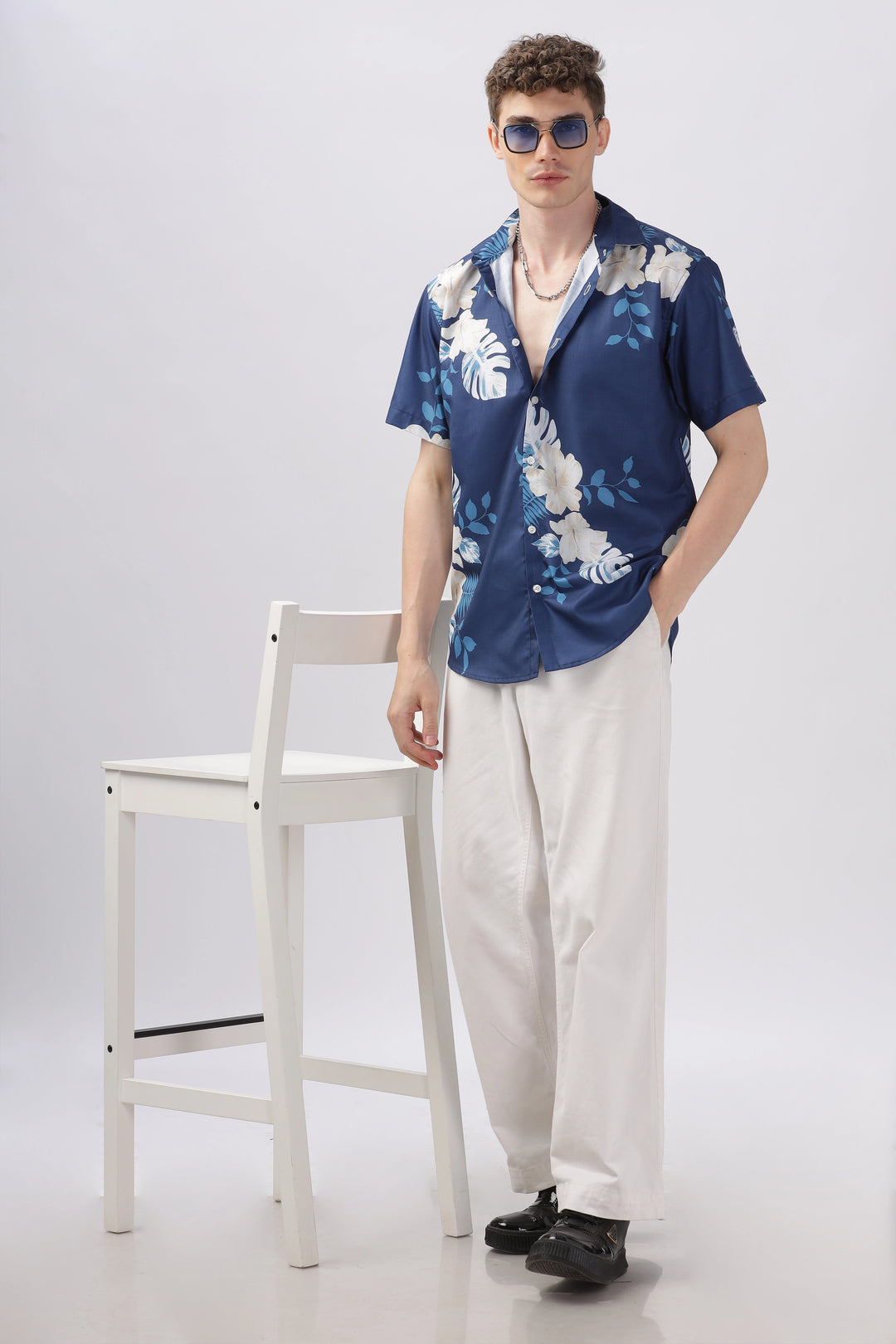 Blue with white leaves half sleeve printed shirt for men