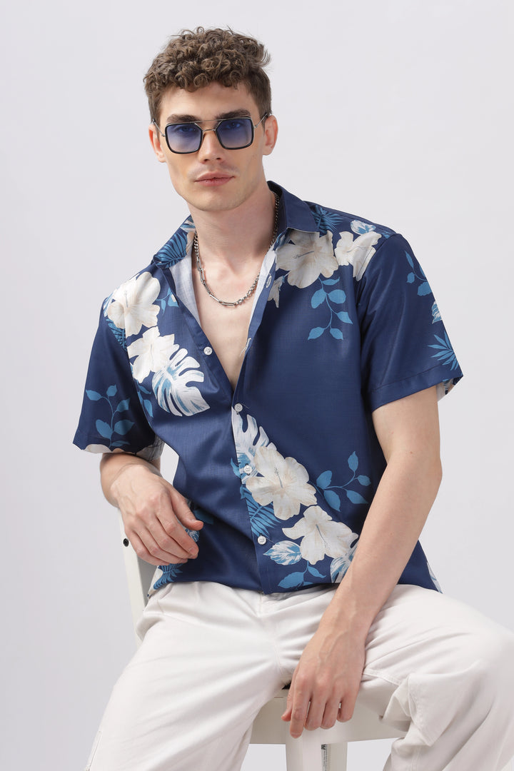 Blue with white leaves half sleeve printed shirt for men