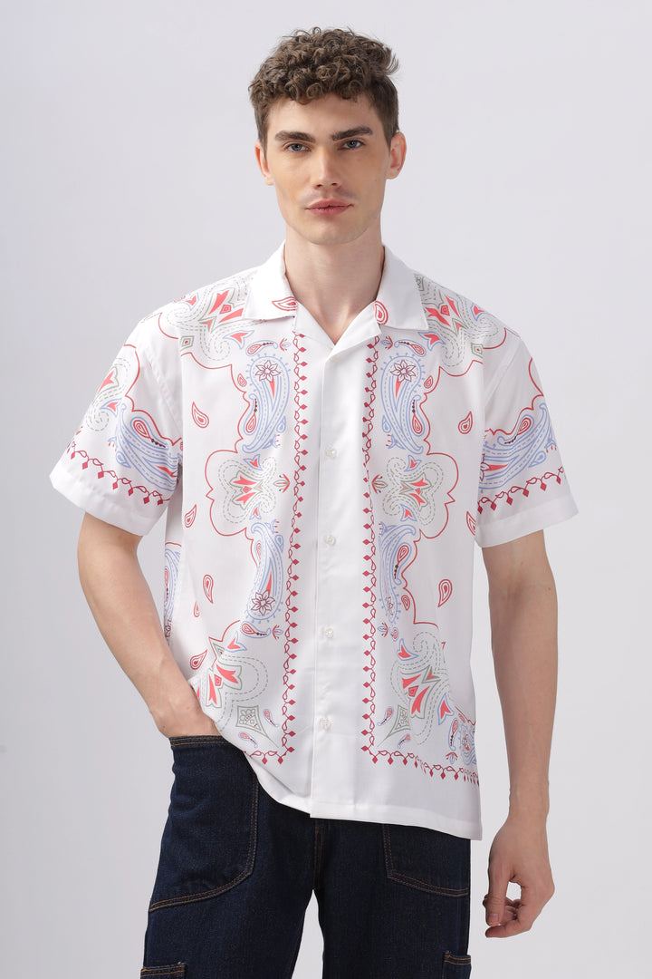 White paisley border printed camp collar shirt for men