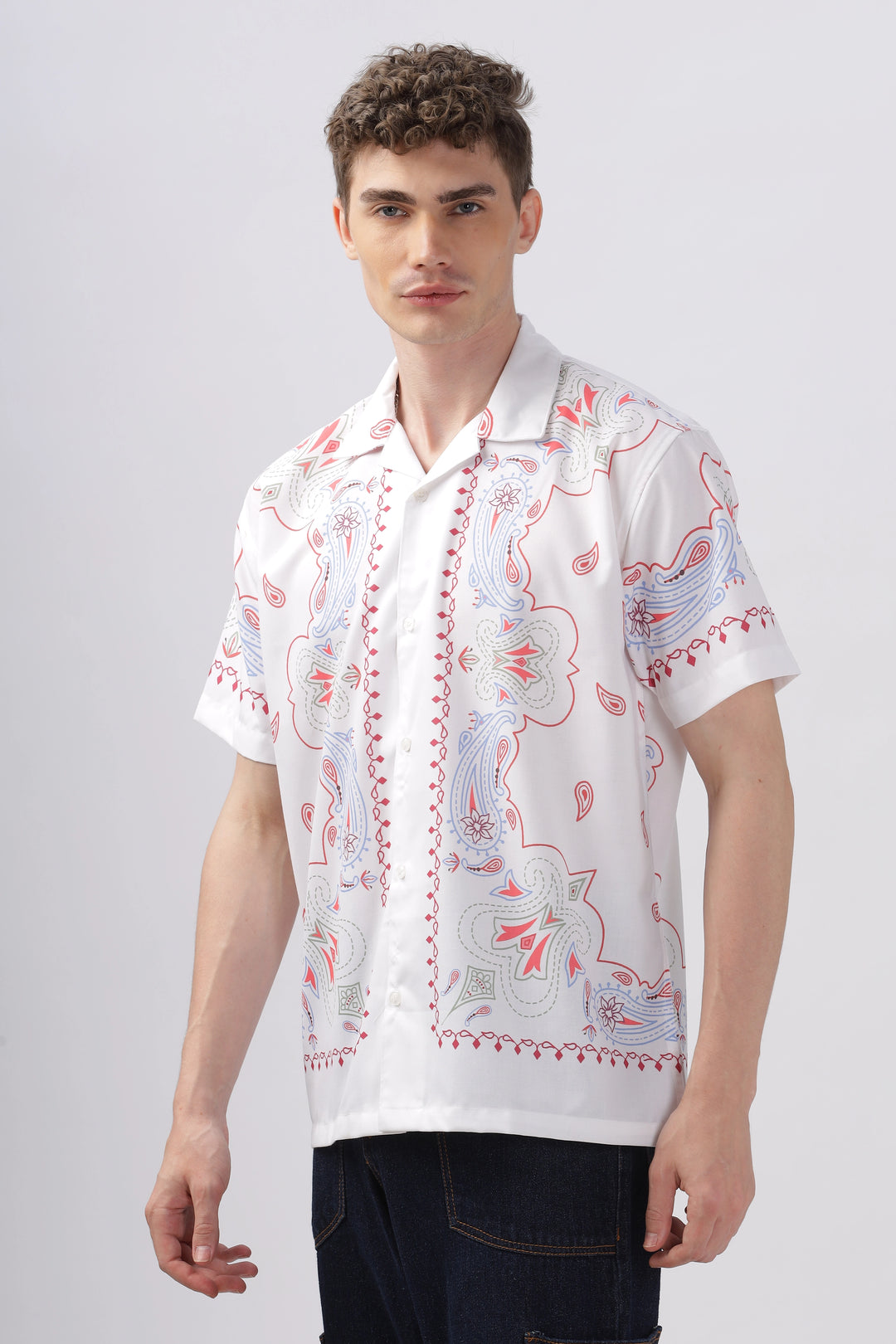 White paisley border printed camp collar shirt for men