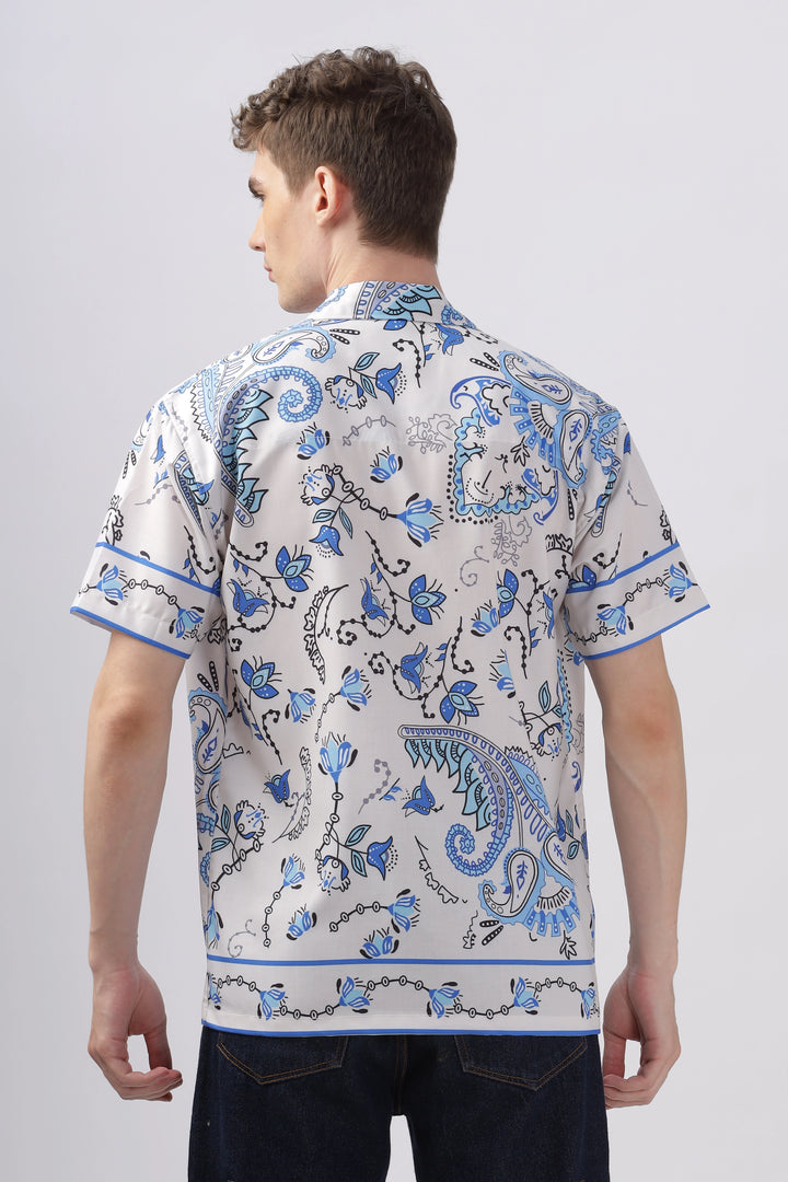 Blue flower border printed half sleeve shirt