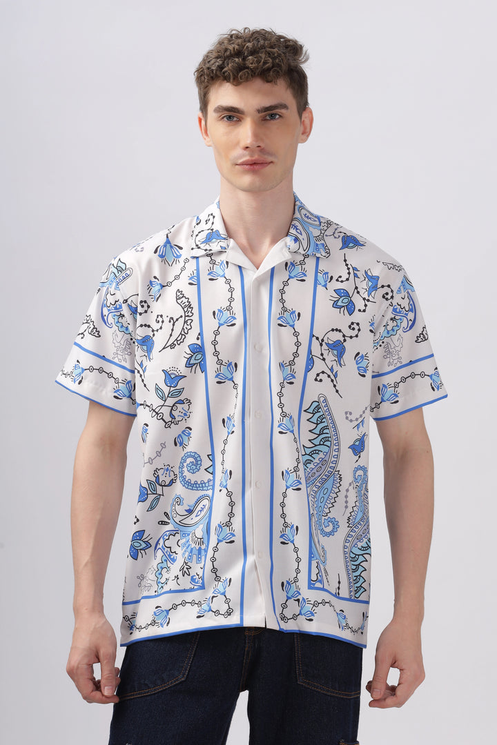 Blue flower border printed half sleeve shirt