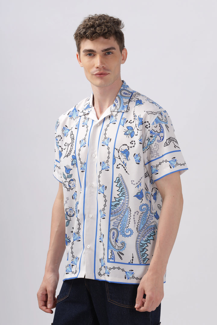 Blue flower border printed half sleeve shirt