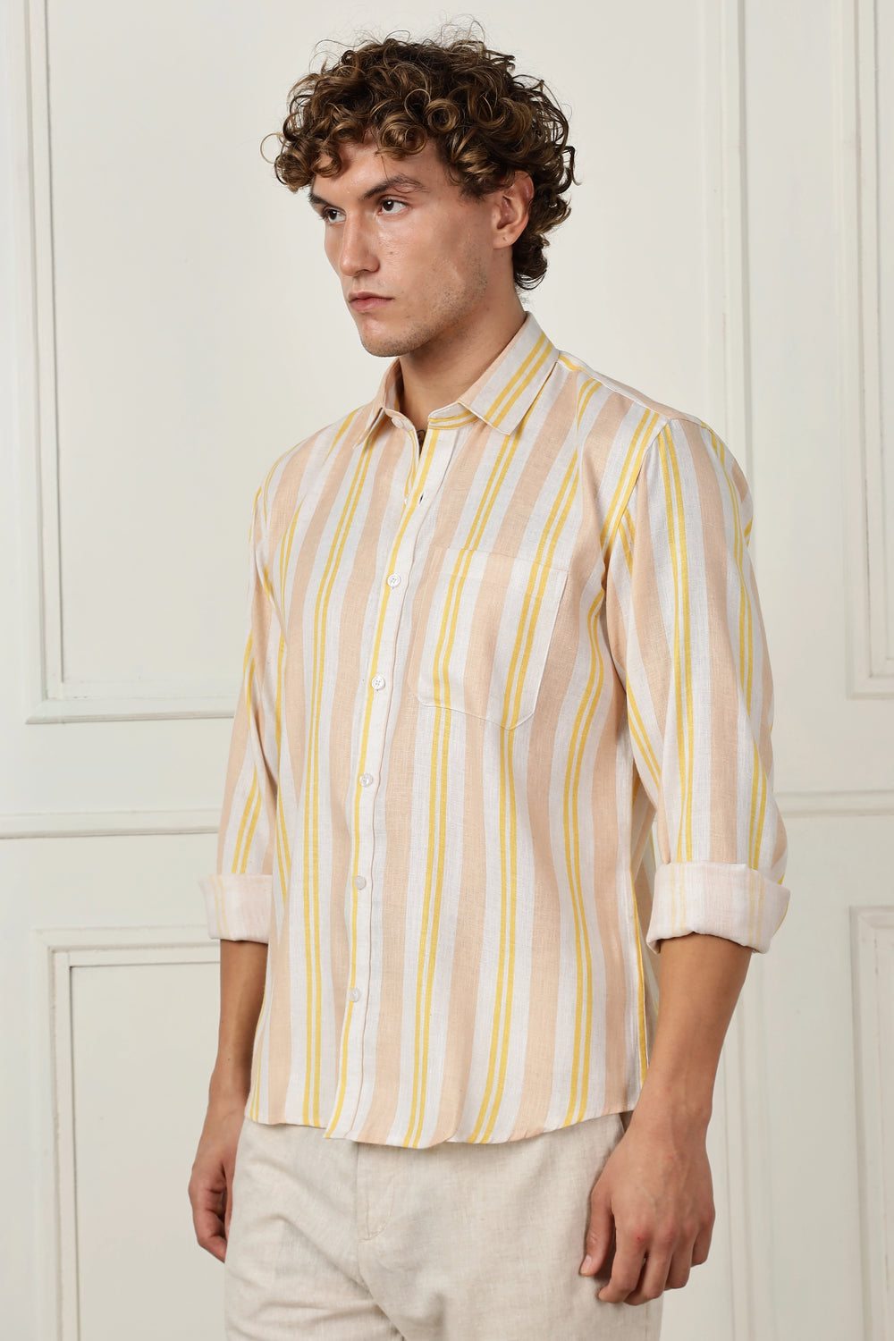Yellow printed full sleeve linen shirt