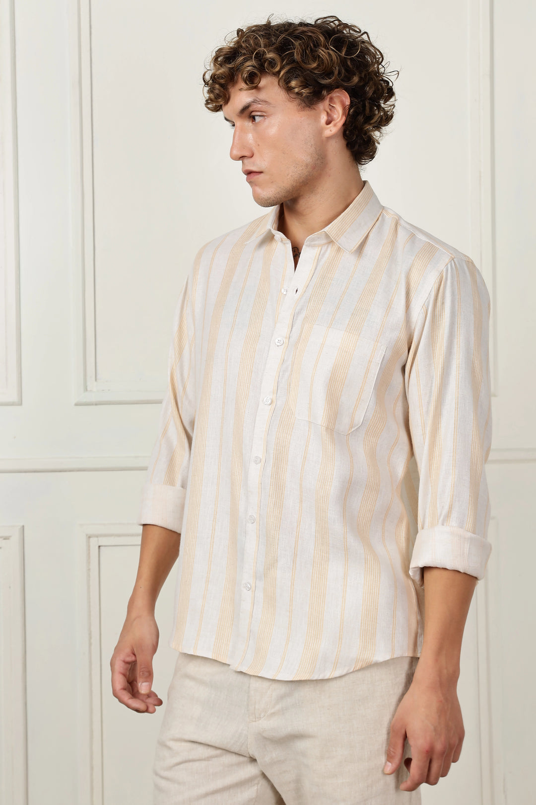  yellow stripe printed full sleeve linen shirt