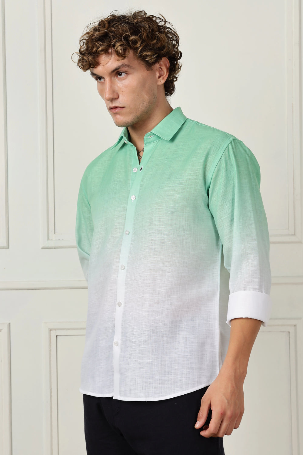  green ombre full sleeve linen shirt